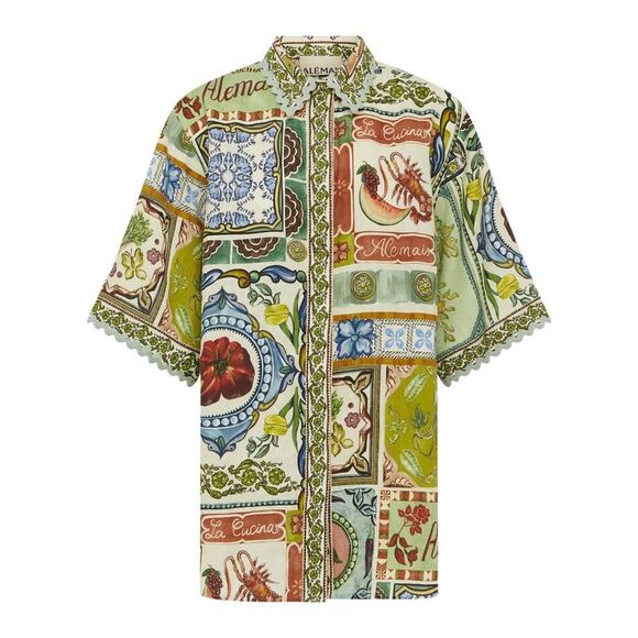 ALEMAIS Tops - ALEMAIS Eclectic Culinary Motif Short Sleeve Collared Shirt Women MULTICOLOUR